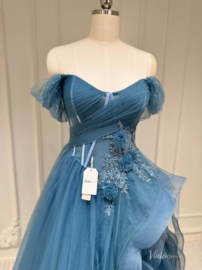 Off Shoulder Dusty Blue Prom Dress with Corset Bodice and Layered Tulle Skirt FD3216-prom dresses 2026-Viniodress-Dusty Blue-Custom Size – Add Measurements in Cart-