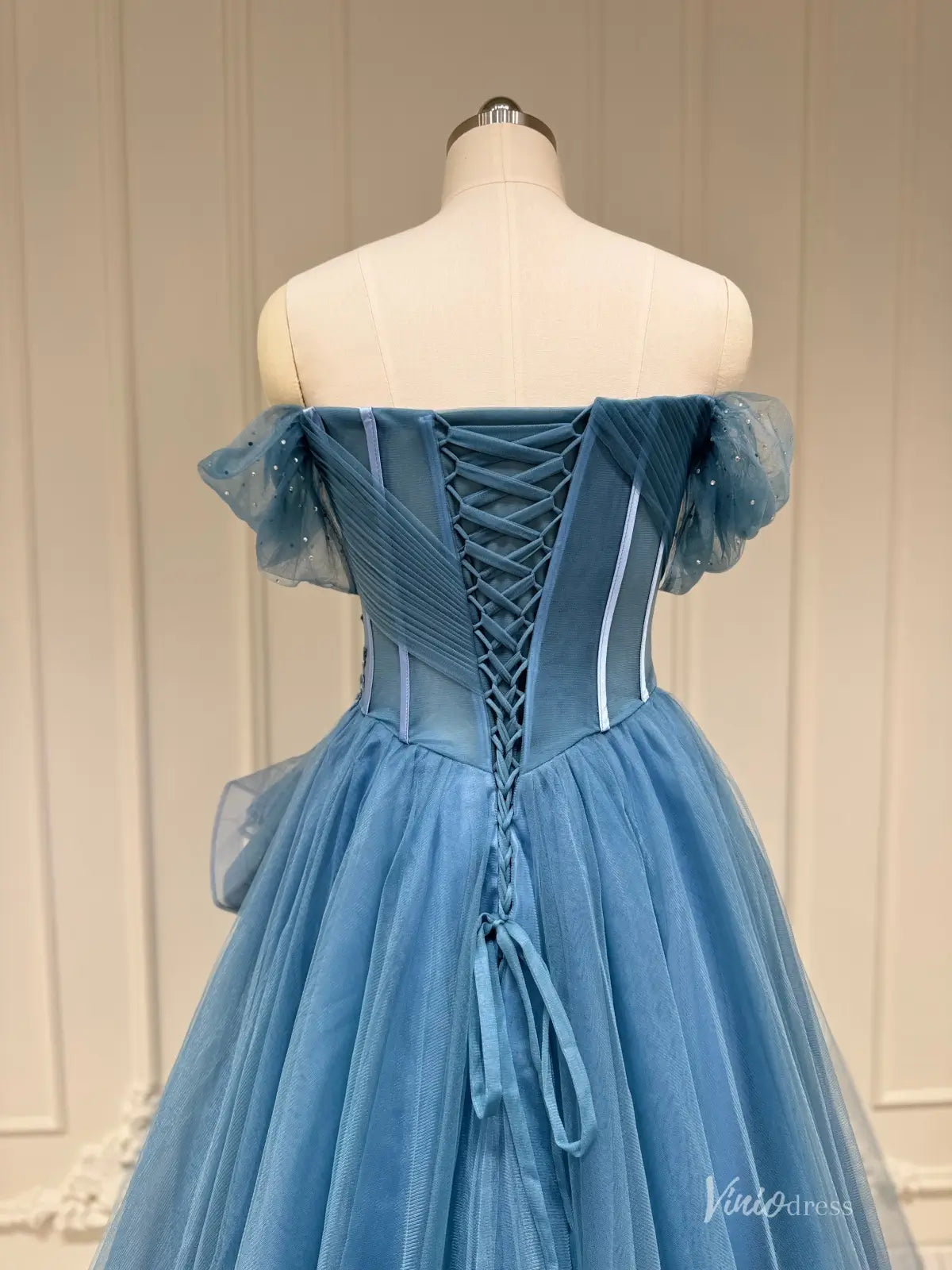 Off Shoulder Dusty Blue Prom Dress with Corset Bodice and Layered Tulle Skirt FD3216-prom dresses 2026-Viniodress-Dusty Blue-Custom Size – Add Measurements in Cart-