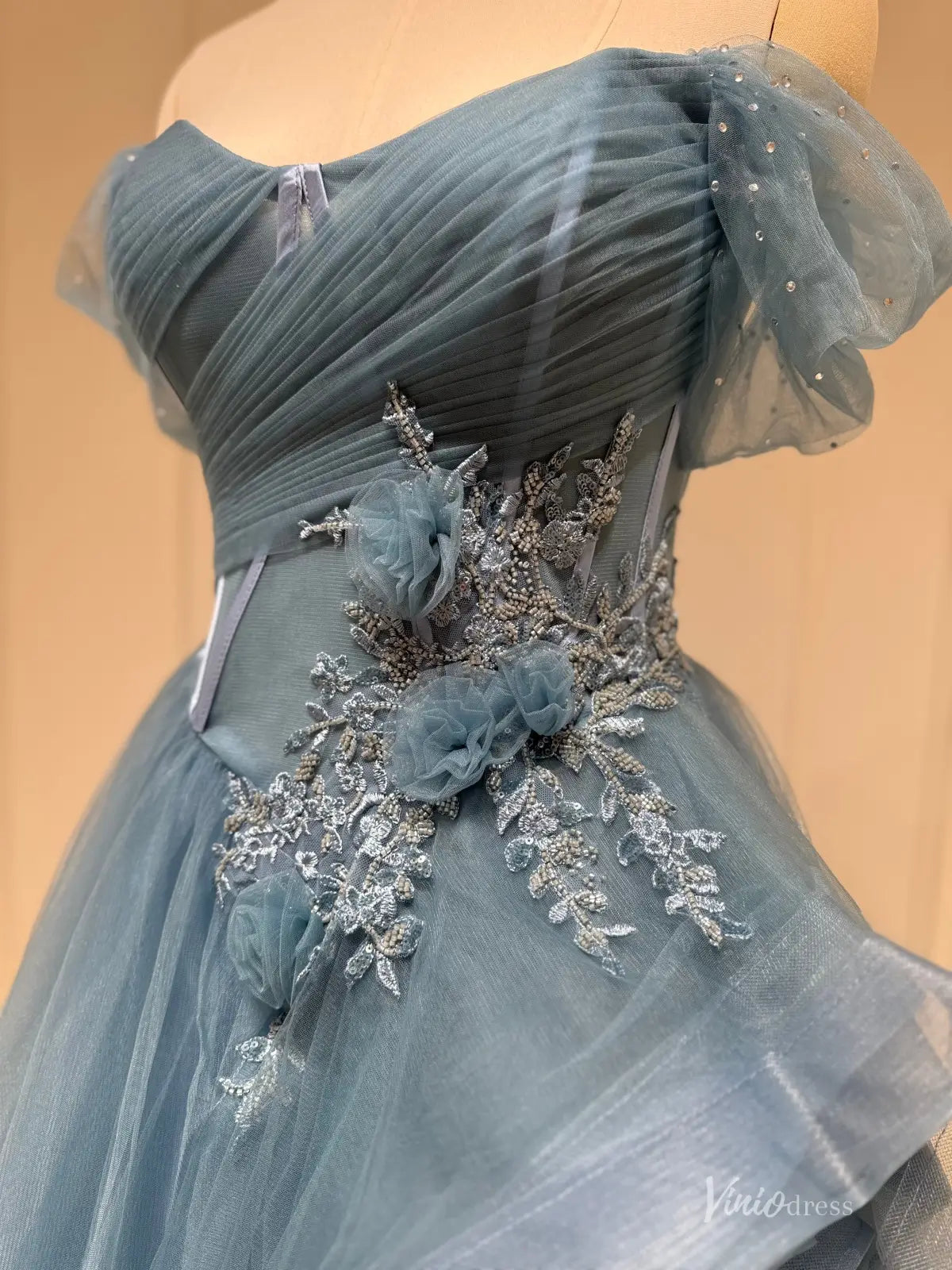 Off Shoulder Dusty Blue Prom Dress with Corset Bodice and Layered Tulle Skirt FD3216-prom dresses 2026-Viniodress-Dusty Blue-Custom Size – Add Measurements in Cart-