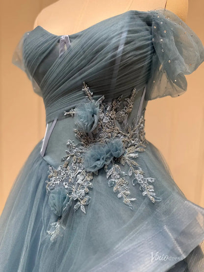 Off Shoulder Dusty Blue Prom Dress with Corset Bodice and Layered Tulle Skirt FD3216-prom dresses 2026-Viniodress-Dusty Blue-Custom Size – Add Measurements in Cart-