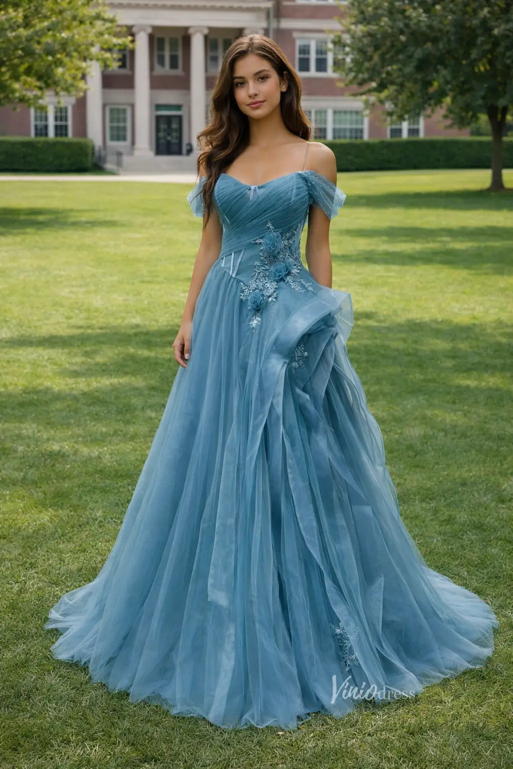 Off Shoulder Dusty Blue Prom Dress with Corset Bodice and Layered Tulle Skirt FD3216-prom dresses 2026-Viniodress-Dusty Blue-Custom Size – Add Measurements in Cart-