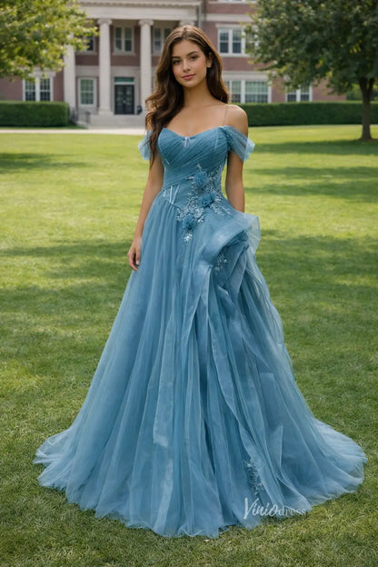 Off Shoulder Dusty Blue Prom Dress with Corset Bodice and Layered Tulle Skirt FD3216-prom dresses 2026-Viniodress-Dusty Blue-Custom Size – Add Measurements in Cart-