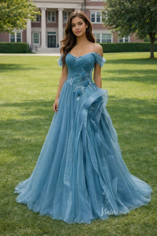 Off Shoulder Dusty Blue Prom Dress with Corset Bodice and Layered Tulle Skirt FD3216-prom dresses 2026-Viniodress-Dusty Blue-Custom Size – Add Measurements in Cart-