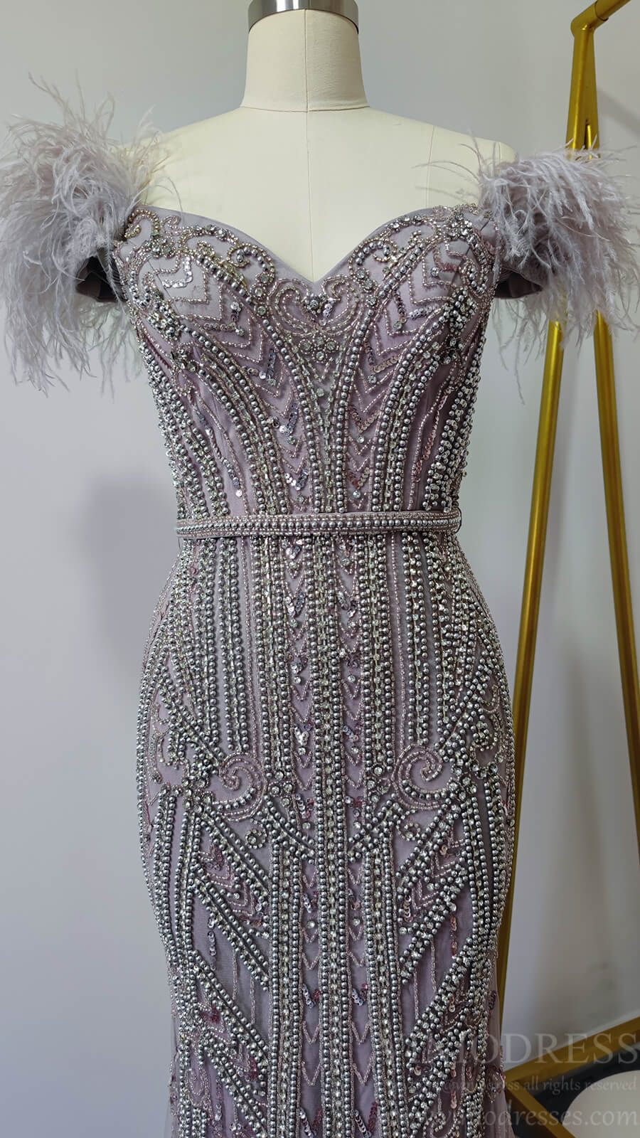 Off Shoulder Feather Beaded Mauve Prom Dresses 20s Party Dress FD2615-Evening Dresses 2025 -Viniodress-Mauve-US2-