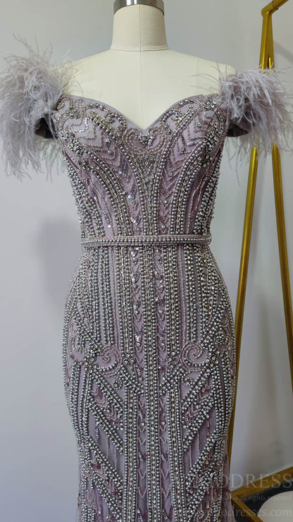Off Shoulder Feather Beaded Mauve Prom Dresses 20s Party Dress FD2615-Evening Dresses 2025 -Viniodress-Mauve-US2-