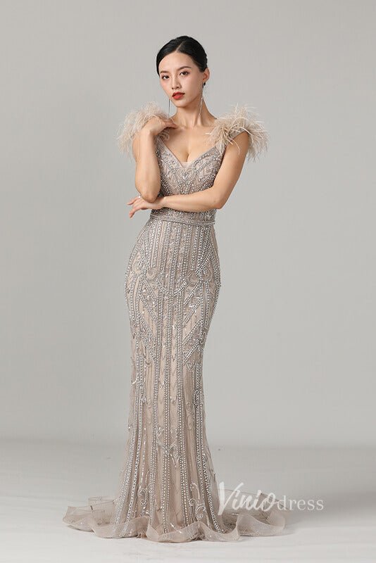 Off Shoulder Feather Beaded Mauve Prom Dresses 20s Party Dress FD2615-Evening Dresses 2025 -Viniodress-Mauve-US2-