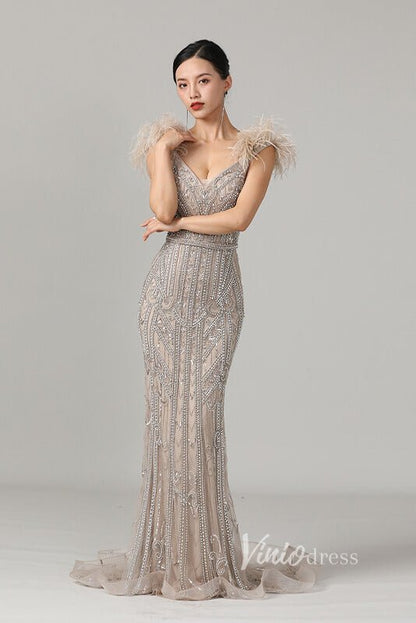 Off Shoulder Feather Beaded Mauve Prom Dresses 20s Party Dress FD2615-Evening Dresses 2025 -Viniodress-Mauve-US2-