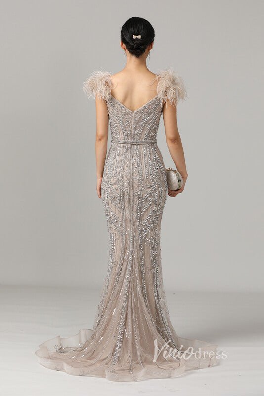 Off Shoulder Feather Beaded Mauve Prom Dresses 20s Party Dress FD2615-Evening Dresses 2025 -Viniodress-Mauve-US2-
