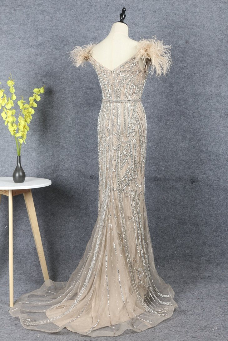 Off Shoulder Feather Beaded Mauve Prom Dresses 20s Party Dress FD2615-Evening Dresses 2025 -Viniodress-Mauve-US2-
