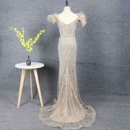 Off Shoulder Feather Beaded Mauve Prom Dresses 20s Party Dress FD2615-Evening Dresses 2025 -Viniodress-Mauve-US2-