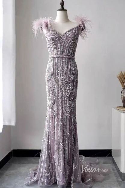 Off Shoulder Feather Beaded Mauve Prom Dresses 20s Party Dress FD2615-Evening Dresses 2025 -Viniodress-Mauve-US2-