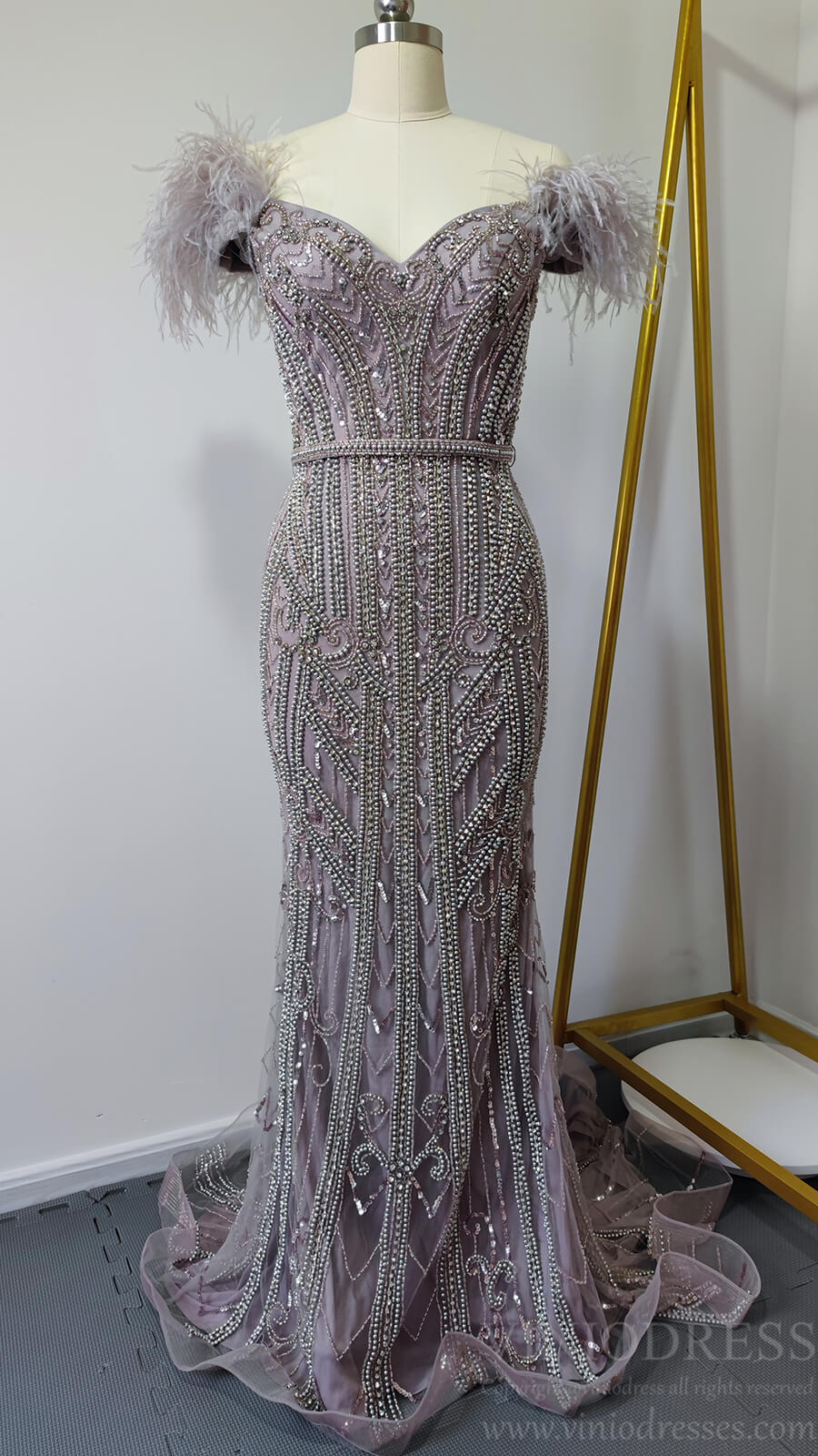 Prom Dress 2025 Off Shoulder Feather Beaded Mauve Prom Dresses 20s Party Dress FD2615-unique Prom Dresses-Mauve-US2-Viniodress