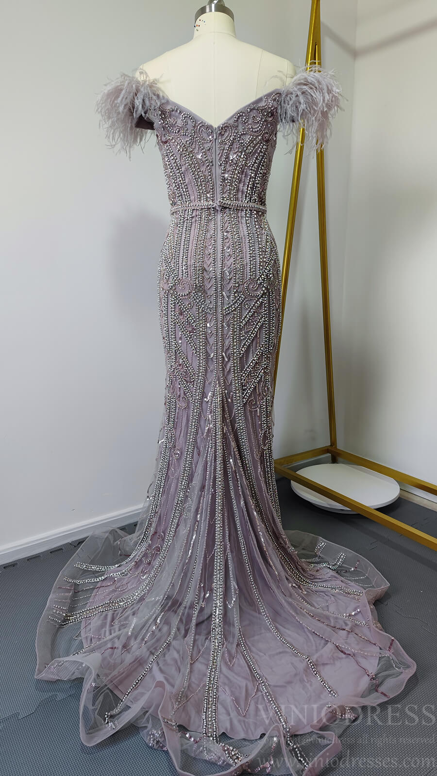 Prom Dress 2025 Off Shoulder Feather Beaded Mauve Prom Dresses 20s Party Dress FD2615-unique Prom Dresses-Mauve-US2-Viniodress