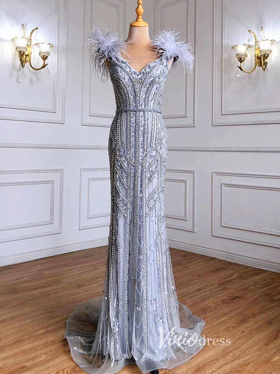 Prom Dress 2025 Off Shoulder Feather Beaded Mauve Prom Dresses 20s Party Dress FD2615-unique Prom Dresses-Grey-US2-Viniodress