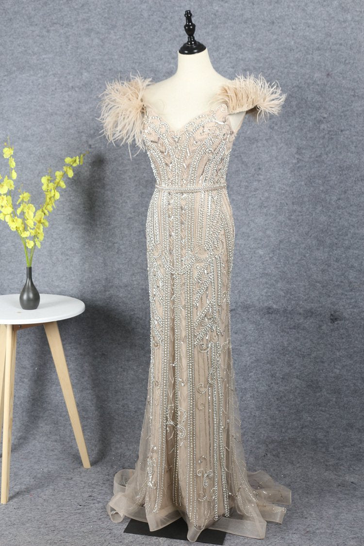 Prom Dress 2025 Off Shoulder Feather Beaded Mauve Prom Dresses 20s Party Dress FD2615-unique Prom Dresses-Taupe-US2-Viniodress