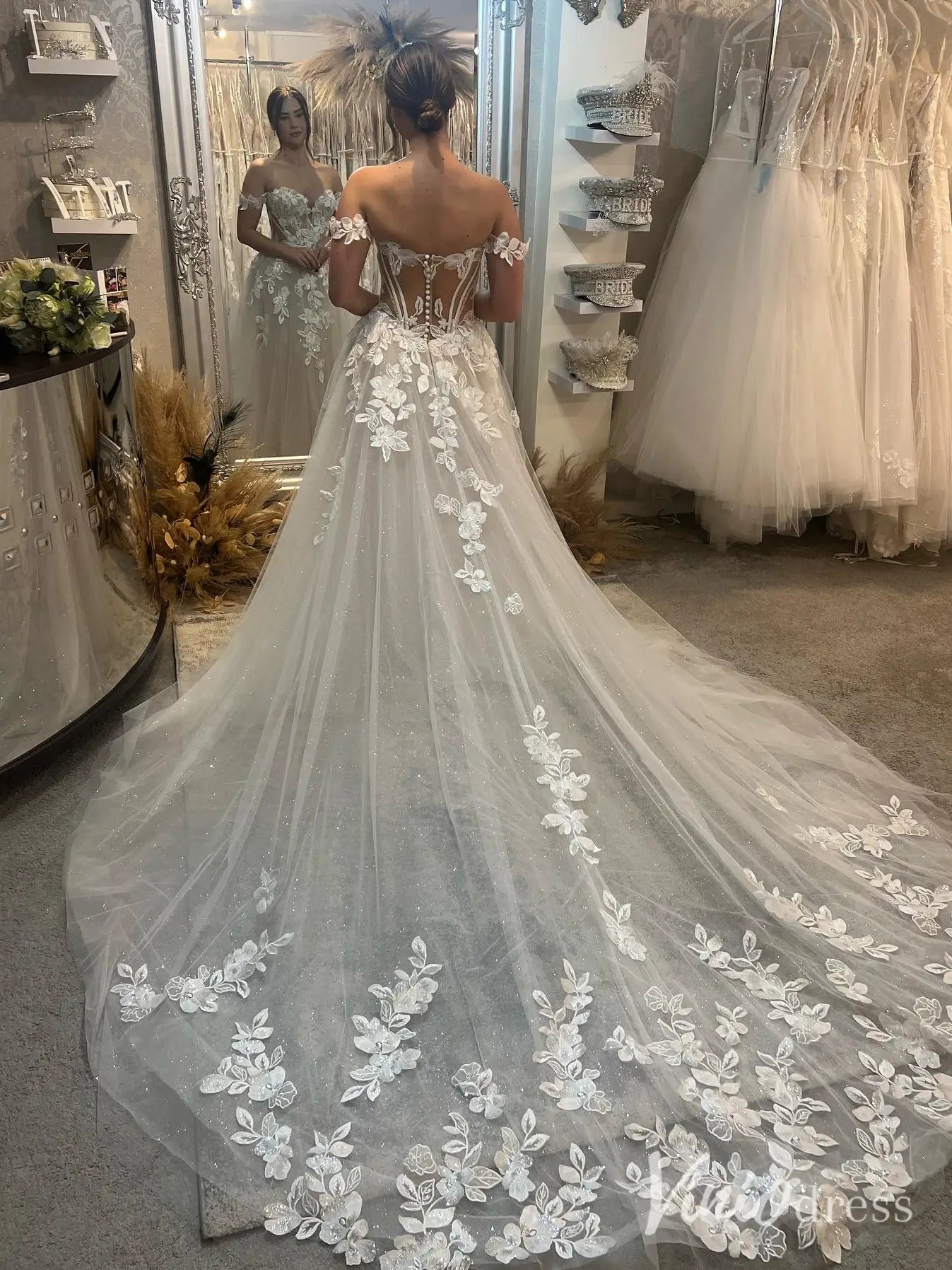 Off-Shoulder Floral Lace Wedding Dress with Sheer Corset Back, Chapel Train – LA107-wedding dresses 2025 -Viniodress-Ivory-Custom Size-