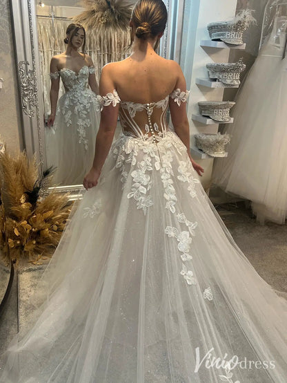 Off-Shoulder Floral Lace Wedding Dress with Sheer Corset Back, Chapel Train – LA107-wedding dresses 2025 -Viniodress-Ivory-Custom Size-