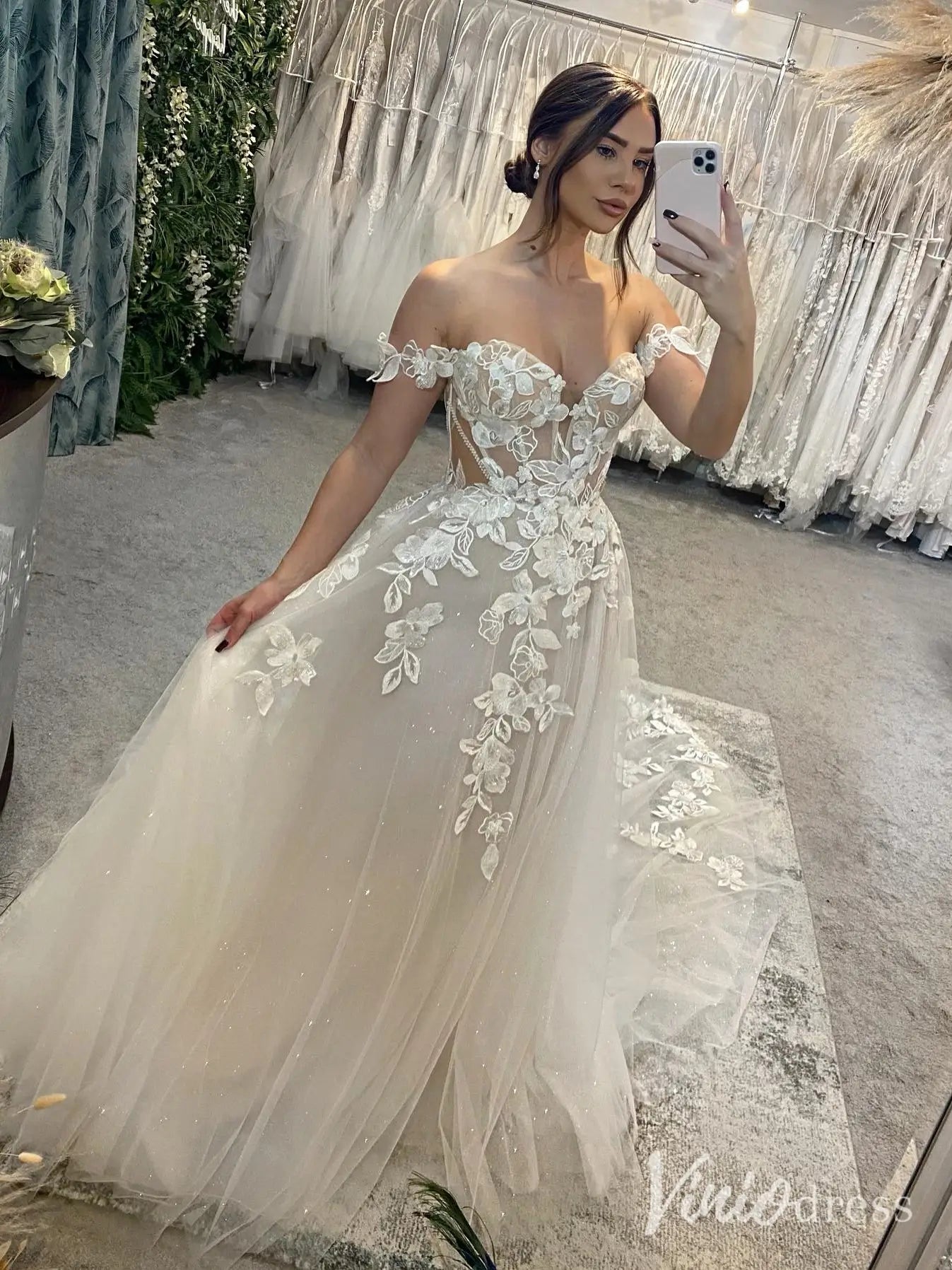 Off-Shoulder Floral Lace Wedding Dress with Sheer Corset Back, Chapel Train – LA107-wedding dresses 2025 -Viniodress-Ivory-Custom Size-
