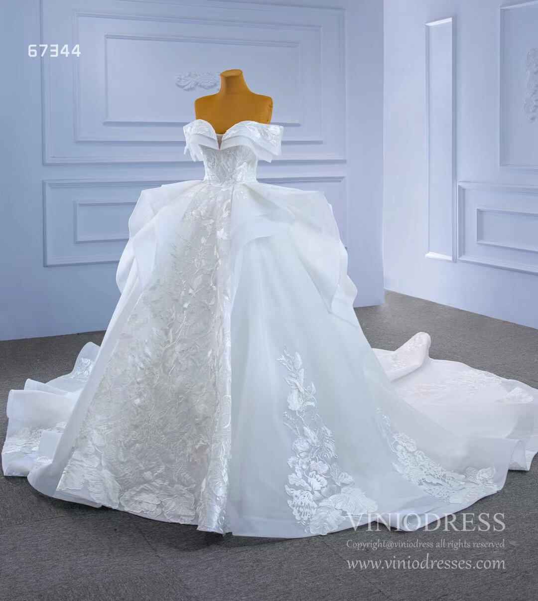 Off Shoulder Lace Applique Wedding Gown Dubai Wedding Dress 67344-wedding dresses 2025 -Viniodress-Ivory-Custom Size-