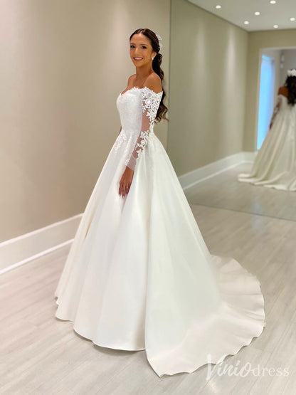 Off-Shoulder Long Sleeve Lace Wedding Dress with Satin Ball Gown Skirt – VW2570-wedding dresses 2025 -Viniodress-Ivory-Custom Size-