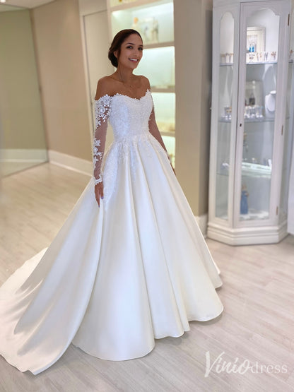 Off-Shoulder Long Sleeve Lace Wedding Dress with Satin Ball Gown Skirt – VW2570-wedding dresses 2025 -Viniodress-Ivory-Custom Size-