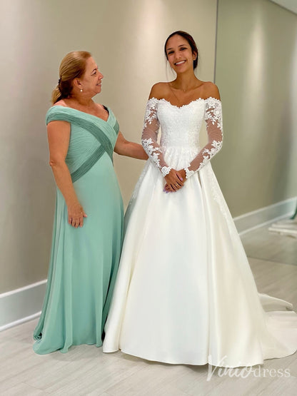 Off-Shoulder Long Sleeve Lace Wedding Dress with Satin Ball Gown Skirt – VW2570-wedding dresses 2025 -Viniodress-Ivory-Custom Size-