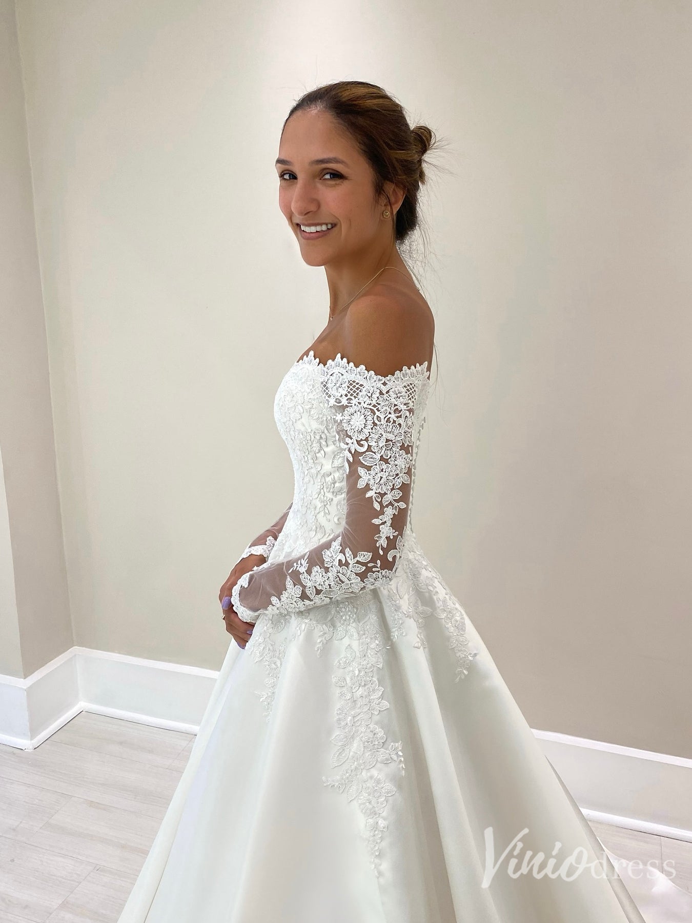 long sleeve off shoulder satin dress Off-Shoulder Satin Ball Gown Wedding Dress with Lace Sleeves – VW2570 –  Viniodress