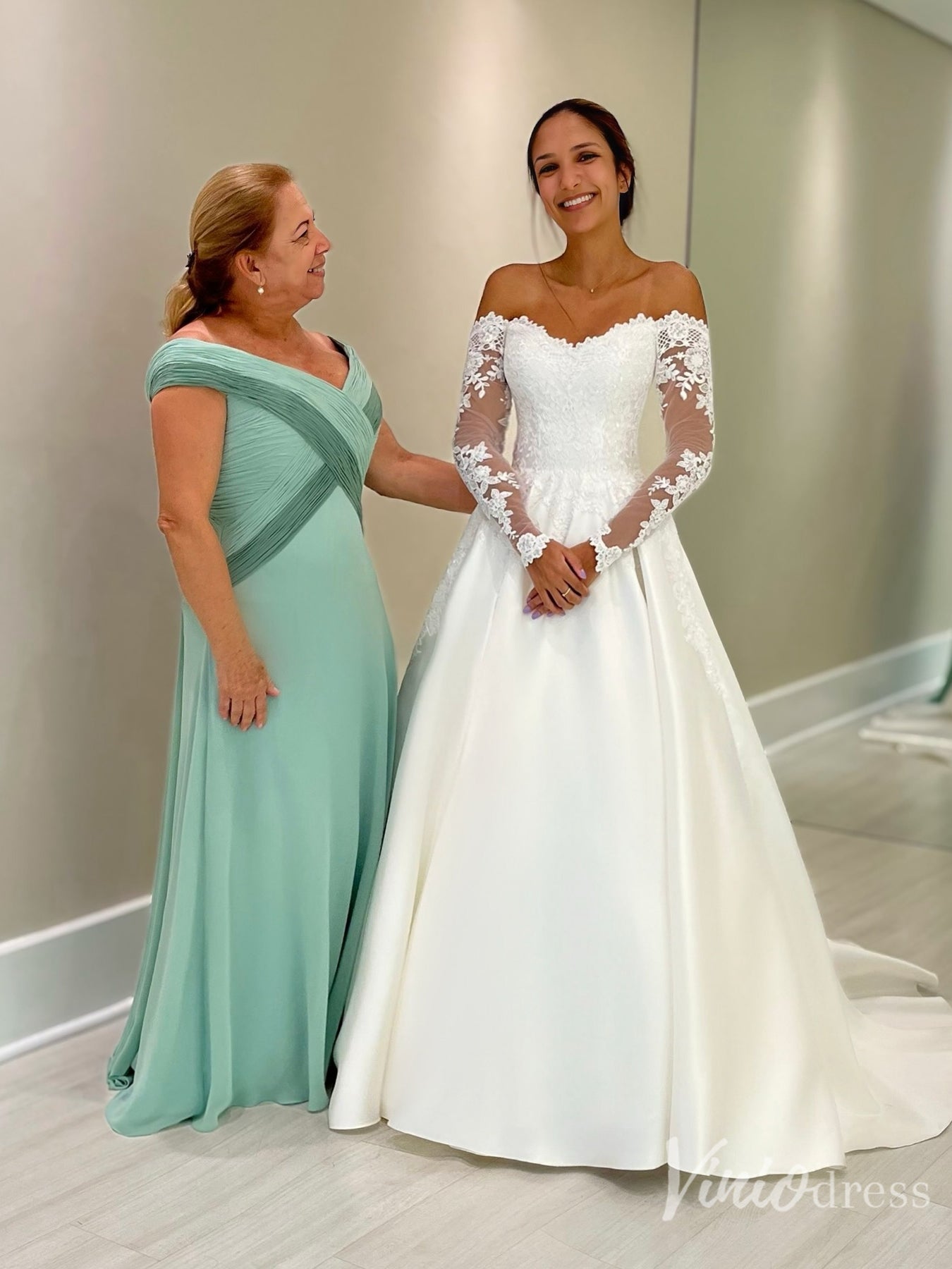 Off-Shoulder Satin Ball Gown Wedding Dress with Lace Sleeves – VW2570 –  Viniodress