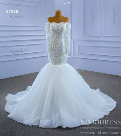 Off Shoulder Long Sleeve Mermaid Wedding Gown Beaded Lace Bridal Dress-wedding dresses 2025 -Viniodress-Ivory-Custom Size-