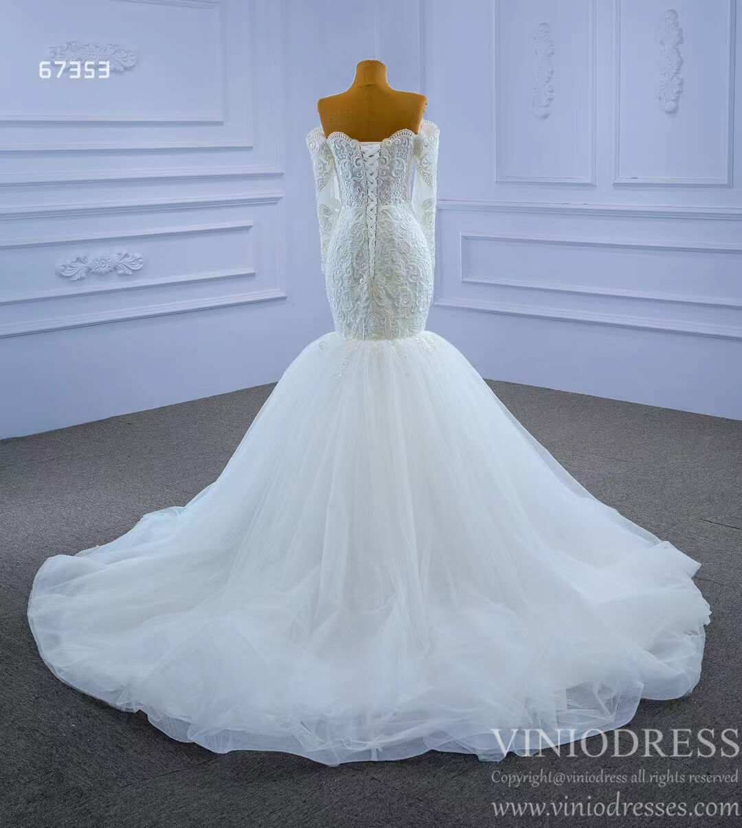 Off Shoulder Long Sleeve Mermaid Wedding Gown Beaded Lace Bridal Dress-wedding dresses 2025 -Viniodress-Ivory-Custom Size-