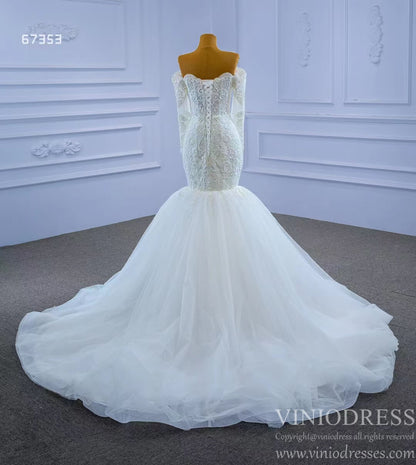 Off Shoulder Long Sleeve Mermaid Wedding Gown Beaded Lace Bridal Dress-wedding dresses 2025 -Viniodress-Ivory-Custom Size-