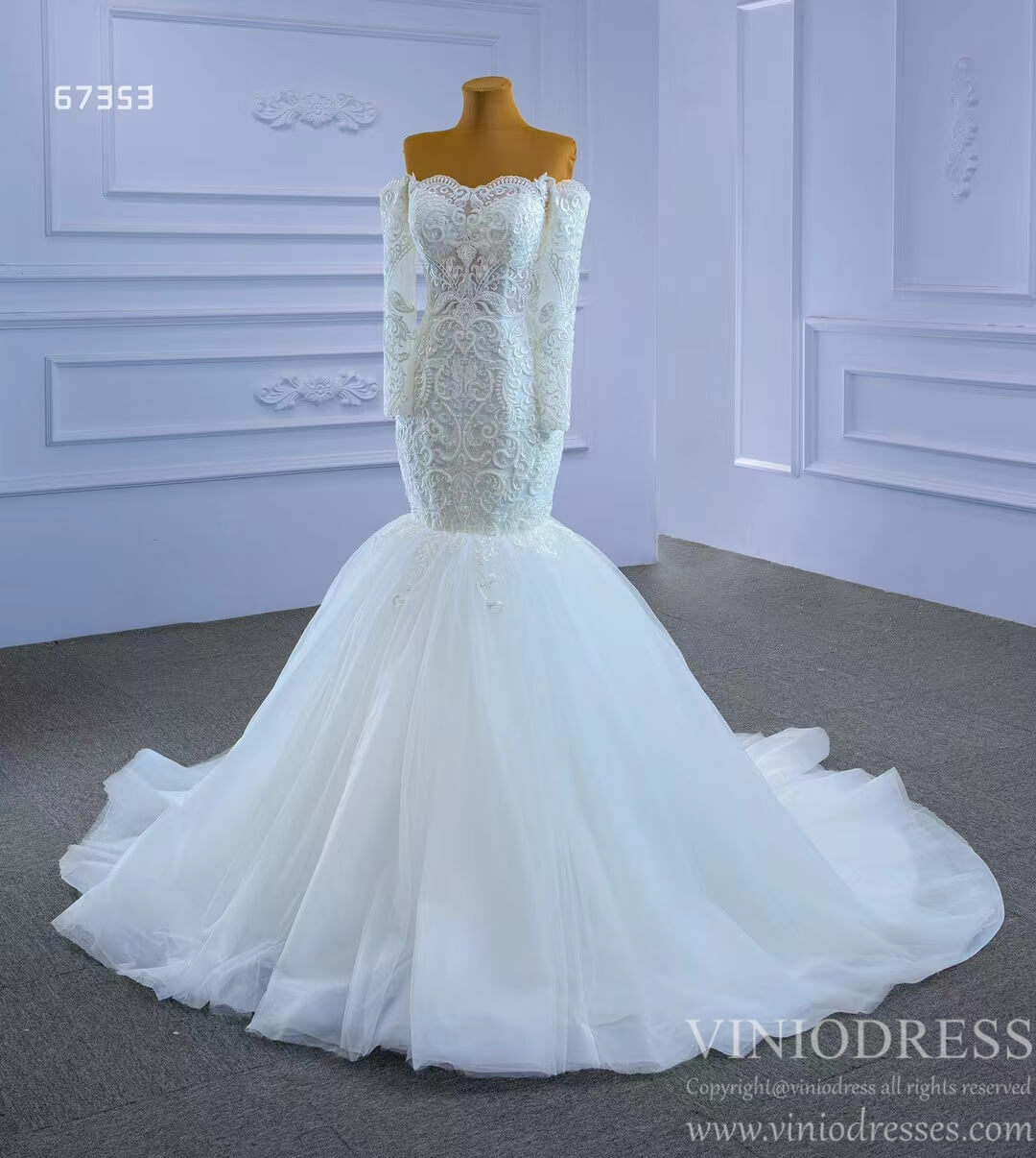 Off Shoulder Long Sleeve Mermaid Wedding Gown Beaded Lace Bridal Dress-wedding dresses 2025 -Viniodress-Ivory-Custom Size-