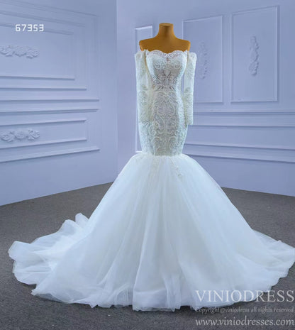Off Shoulder Long Sleeve Mermaid Wedding Gown Beaded Lace Bridal Dress-wedding dresses 2025 -Viniodress-Ivory-Custom Size-