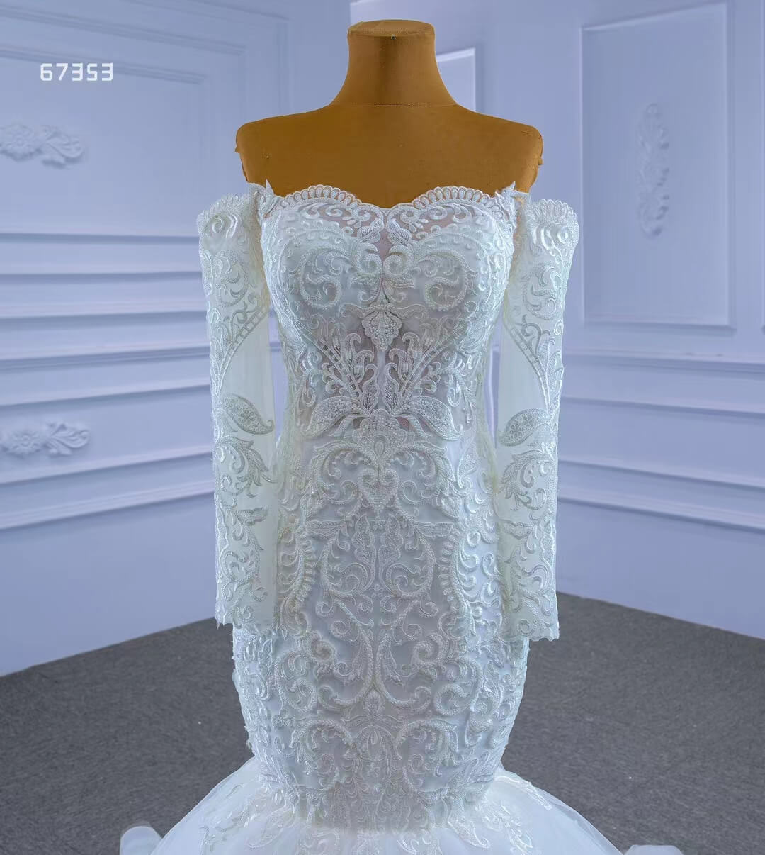 Off Shoulder Long Sleeve Mermaid Wedding Gown Beaded Lace Bridal Dress-wedding dresses 2025 -Viniodress-Ivory-Custom Size-