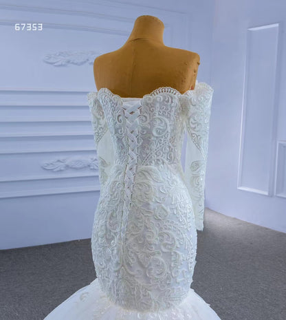 Off Shoulder Long Sleeve Mermaid Wedding Gown Beaded Lace Bridal Dress-wedding dresses 2025 -Viniodress-Ivory-Custom Size-