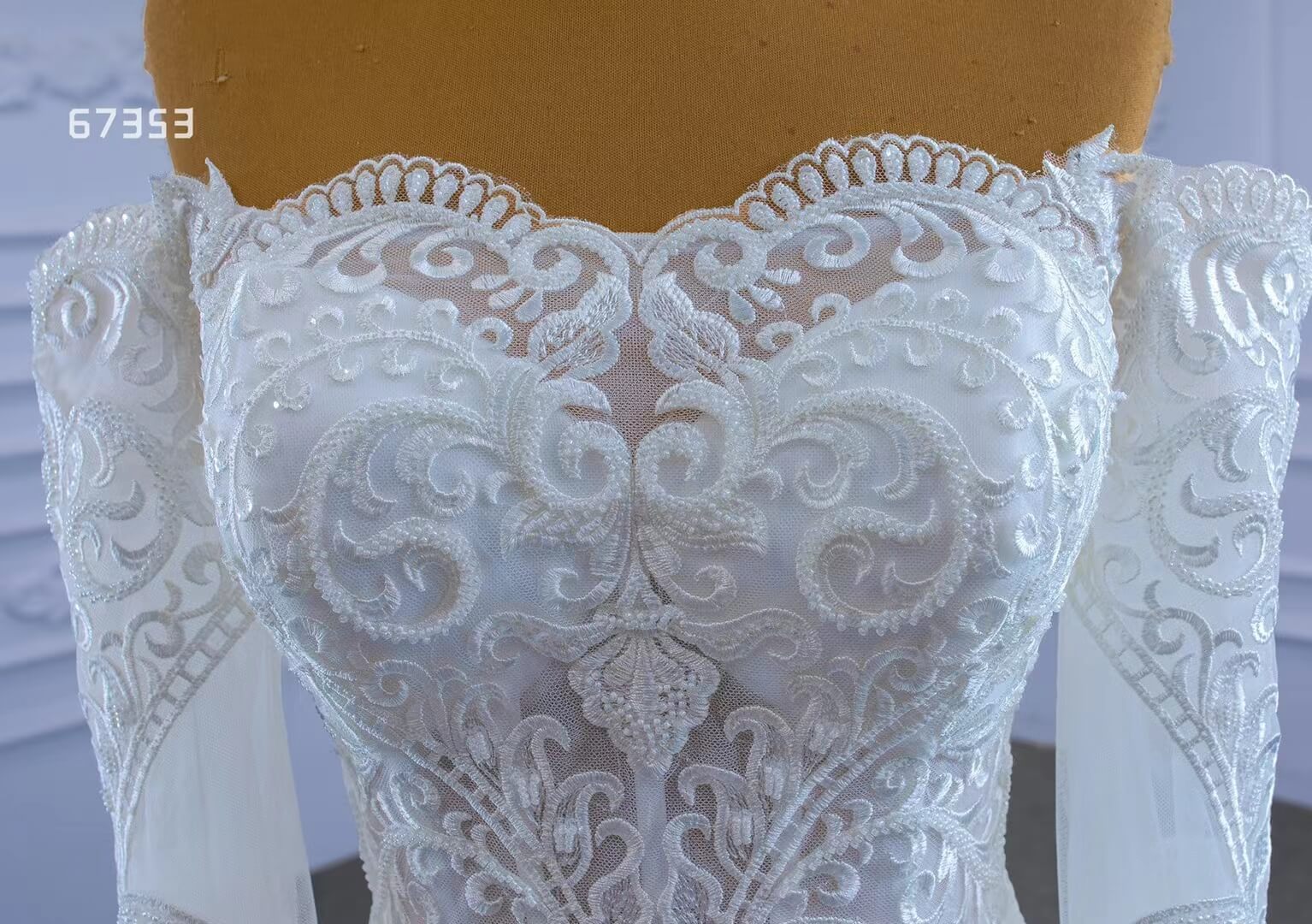 Off Shoulder Long Sleeve Mermaid Wedding Gown Beaded Lace Bridal Dress-wedding dresses 2025 -Viniodress-Ivory-Custom Size-