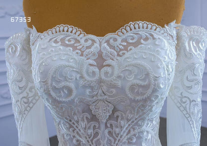 Off Shoulder Long Sleeve Mermaid Wedding Gown Beaded Lace Bridal Dress-wedding dresses 2025 -Viniodress-Ivory-Custom Size-