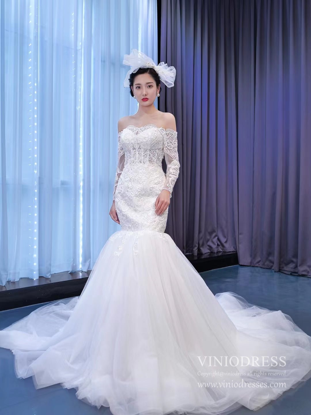 Off Shoulder Long Sleeve Mermaid Wedding Gown Beaded Lace Bridal Dress-wedding dresses 2025 -Viniodress-Ivory-Custom Size-