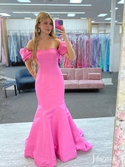 Off Shoulder Mermaid Prom Dress with Puffy Sleeves and Satin Train – FD6159-prom dresses 2025 -Viniodress-Pink-Custom Size-