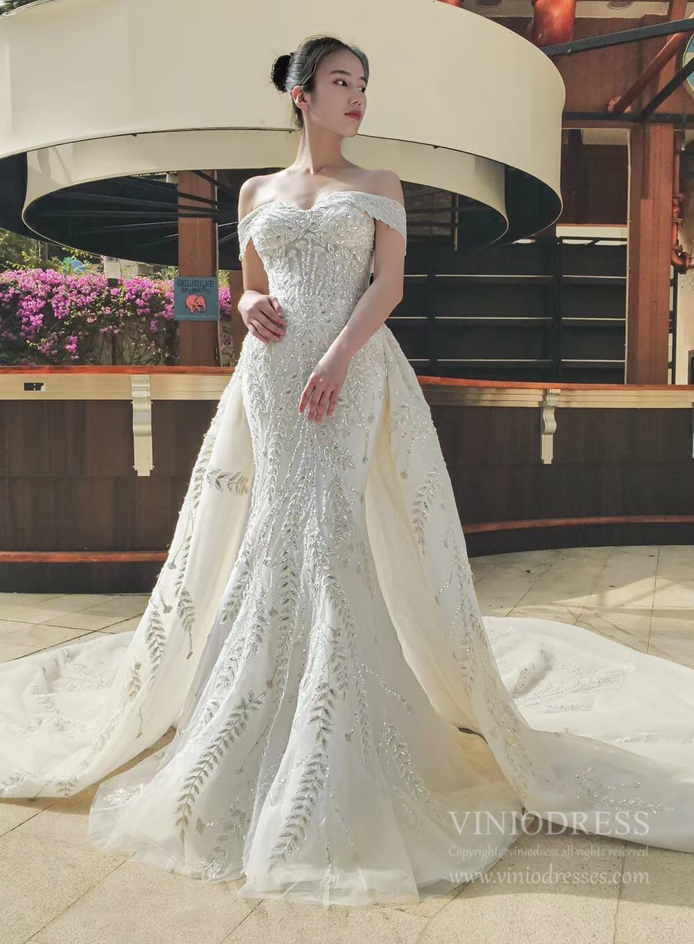Off Shoulder Mermaid Wedding Dresses with Detachable Skirt 66945-wedding dresses 2025 -Viniodress-Ivory-Custom Size-