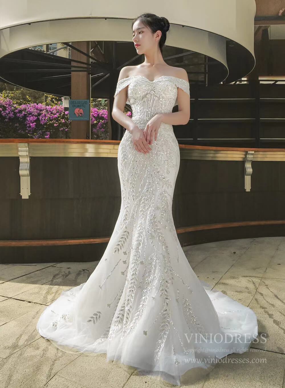 Off Shoulder Mermaid Wedding Dresses with Detachable Skirt 66945-wedding dresses 2025 -Viniodress-Ivory-Custom Size-