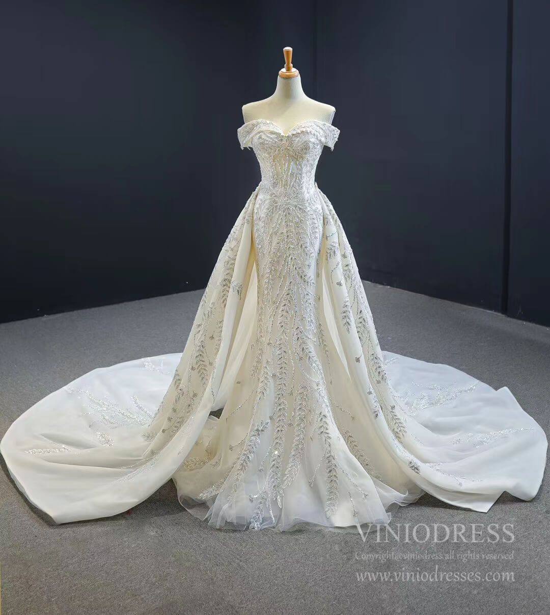 Off Shoulder Mermaid Wedding Dresses with Detachable Skirt 66945-wedding dresses 2025 -Viniodress-Ivory-Custom Size-