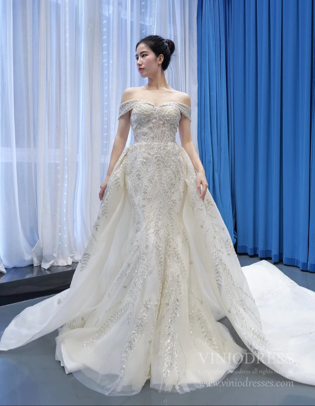Off Shoulder Mermaid Wedding Dresses with Detachable Skirt 66945-wedding dresses 2025 -Viniodress-Ivory-Custom Size-