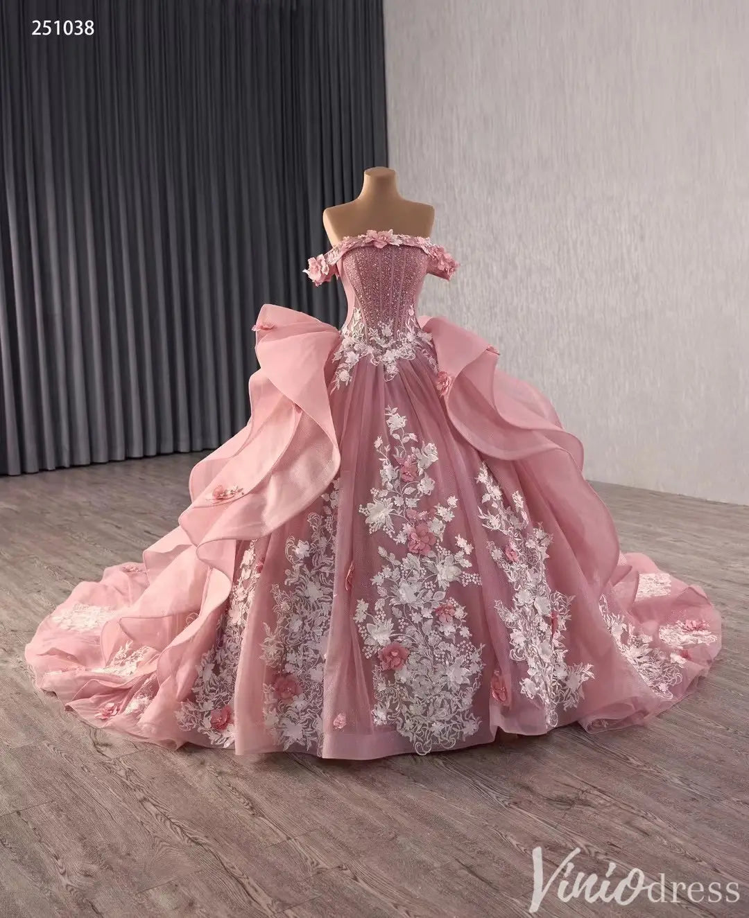 Off Shoulder Pink Quinceañera Dress with 3D Floral Appliques and Ruffle Train 251038-Quinceanera Dresses 2025 -Viniodress-Pink-Custom Size-