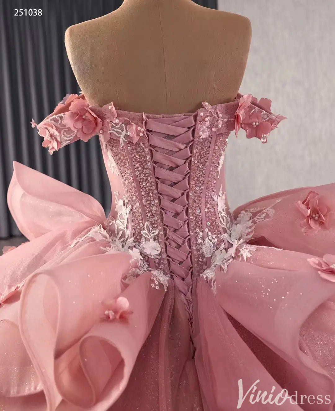 Off Shoulder Pink Quinceañera Dress with 3D Floral Appliques and Ruffle Train 251038-Quinceanera Dresses 2025 -Viniodress-Pink-Custom Size-