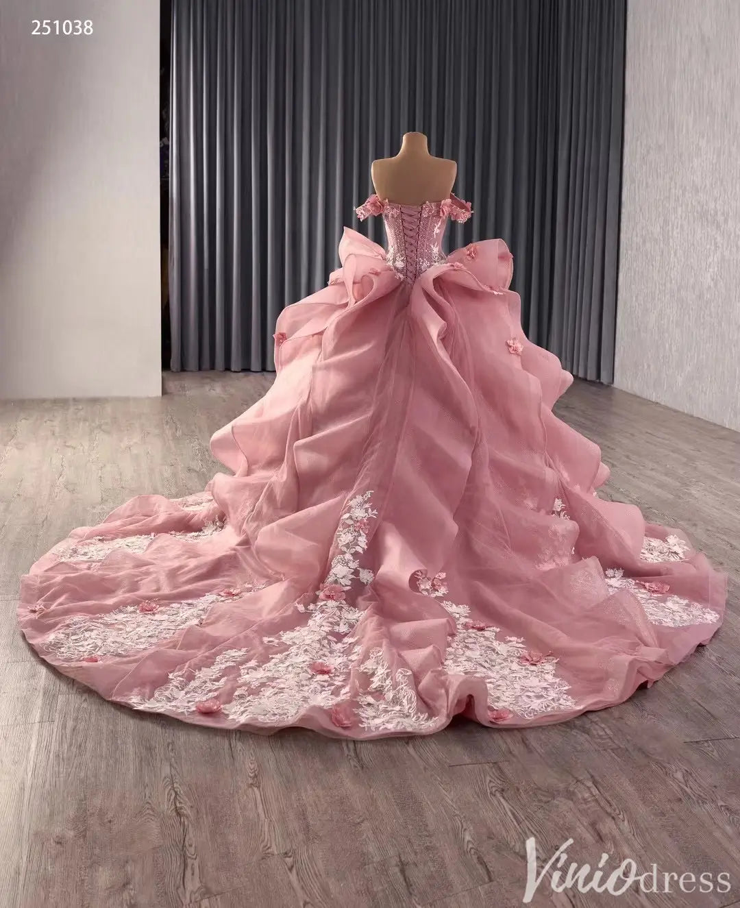 Pink Off Shoulder Floral Quinceaera Dress with Ruffle Train 251038 Viniodress Pink Off Shoulder Floral Quinceaera Dress with Ruffle Train 251038 Viniodress