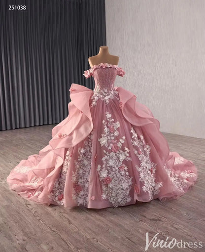 Off Shoulder Pink Quinceañera Dress with 3D Floral Appliques and Ruffle Train 251038-Quinceanera Dresses 2025 -Viniodress-Pink-Custom Size-