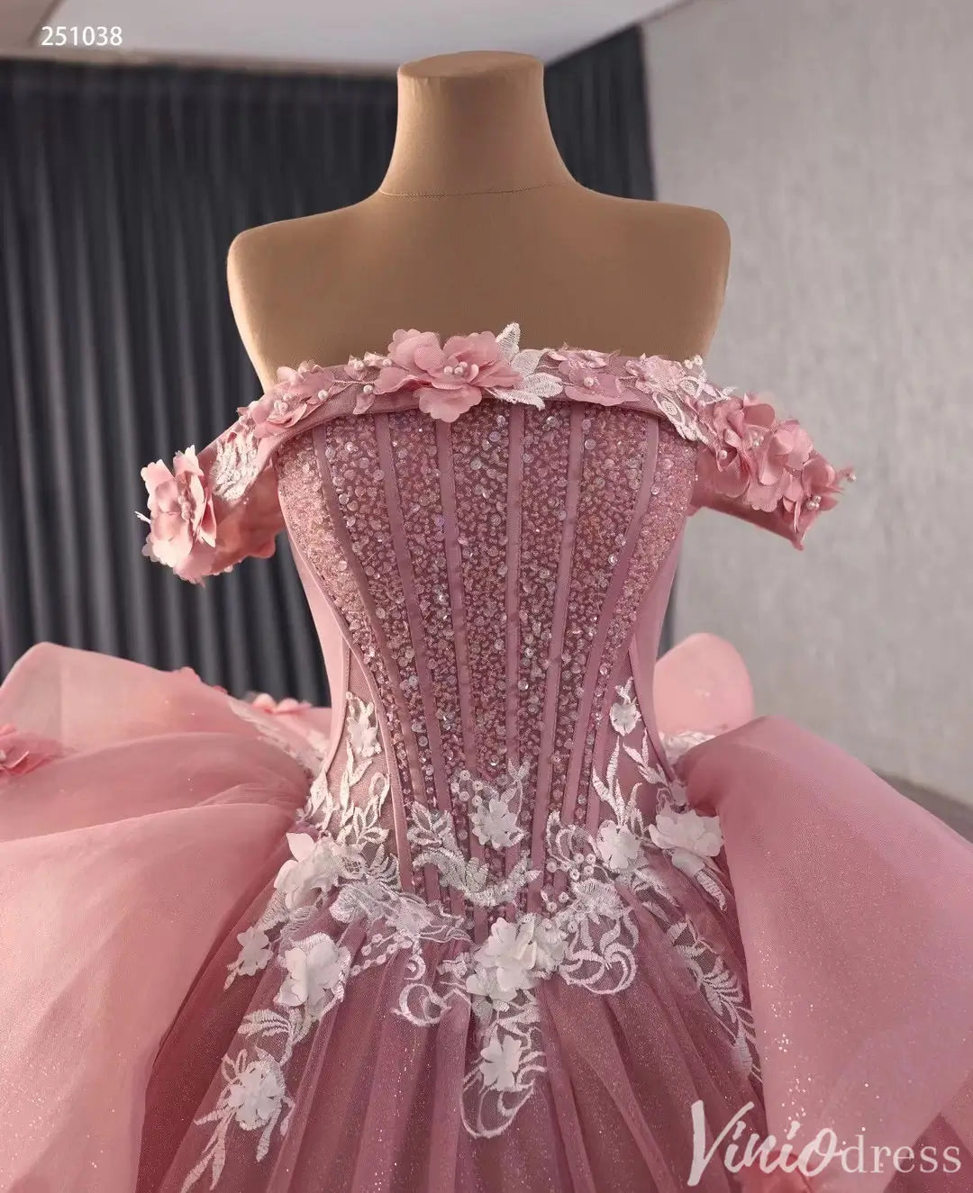 Off Shoulder Pink Quinceañera Dress with 3D Floral Appliques and Ruffle Train 251038-Quinceanera Dresses 2025 -Viniodress-Pink-Custom Size-