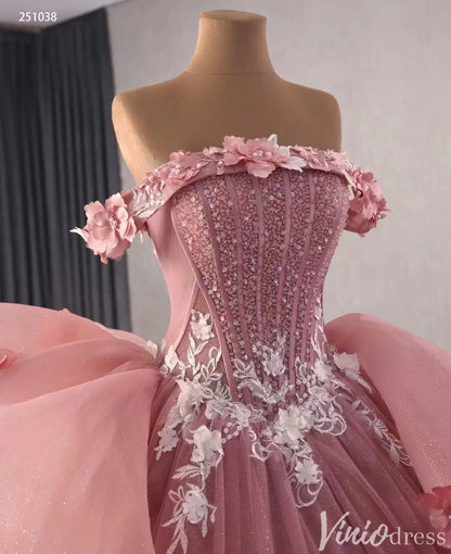 Off Shoulder Pink Quinceañera Dress with 3D Floral Appliques and Ruffle Train 251038-Quinceanera Dresses 2025 -Viniodress-Pink-Custom Size-