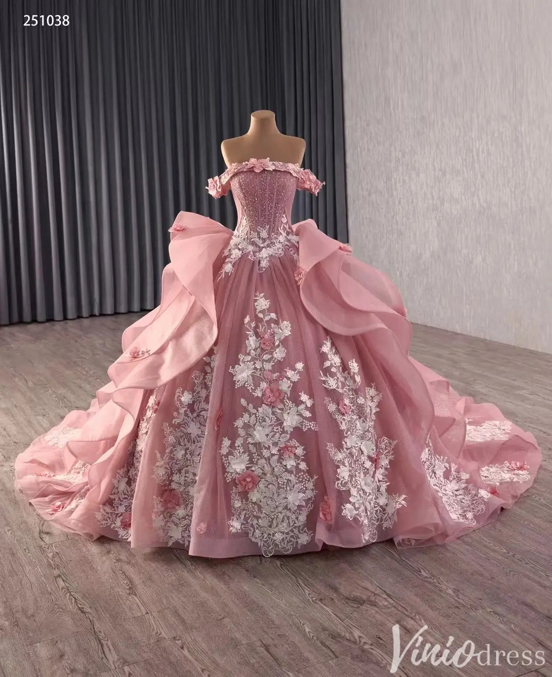 Off Shoulder Pink Quinceañera Dress with 3D Floral Appliques and Ruffle Train 251038-Quinceanera Dresses 2025 -Viniodress-Pink-Custom Size-